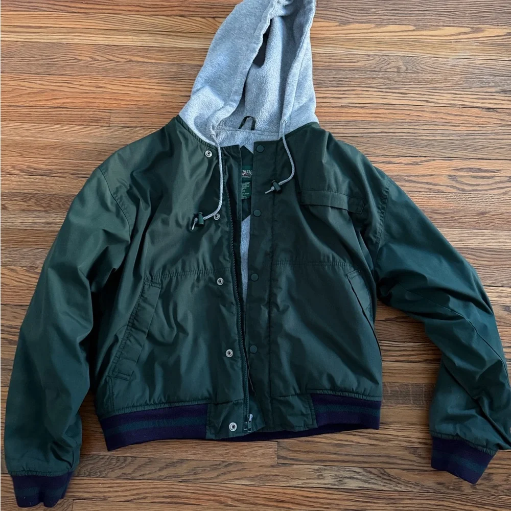 American Eagle Outfitters Dark Green Bomber Jacket with Gray Hood